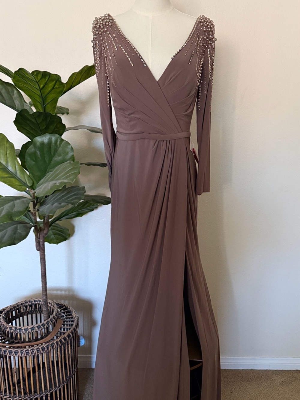 Mac Duggal Taupe Mocha Beaded Long Sleeve Maxi Gown 
Sizes available 8, 14 ,16 - Picture 8 of 8